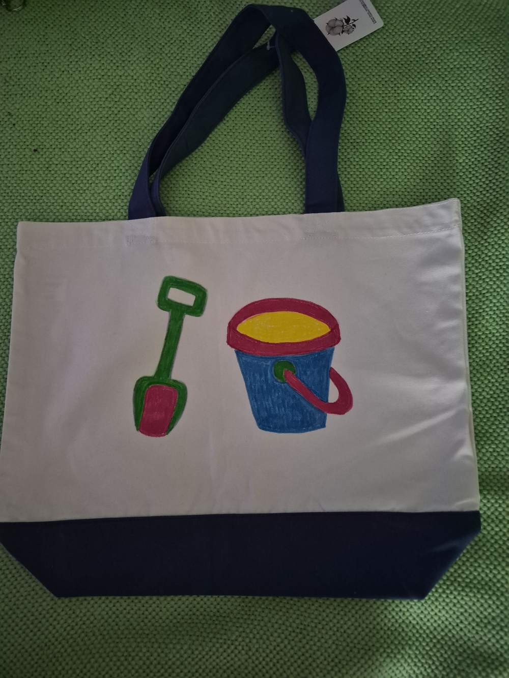 Beach Tote Bag with Pink and Blue Sand Toy Design. Hand Painted By Me.